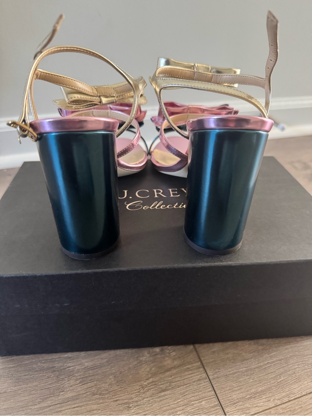 J. Crew Metallic Multi-Color Bow Strap Block Heels - Picture 4 of 6